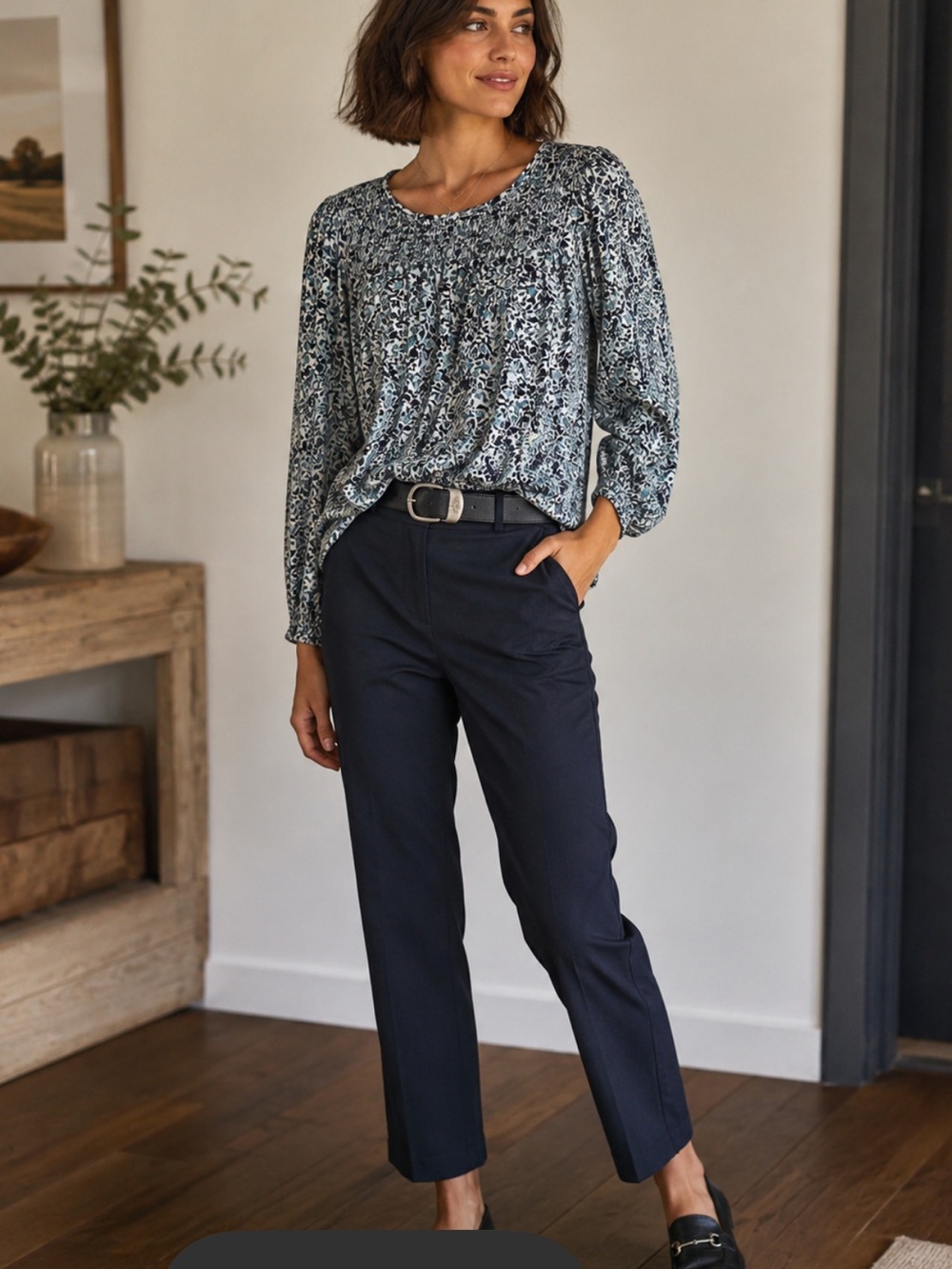 J. Jill Navy and Teal Floral Smocked Yoke Long-Sleeve Top